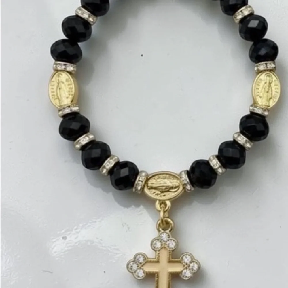 Black Onyx Beaded Religious Stretch‎ Bracelet Gold Tone Cross Virgin Mary Charm